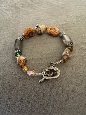 Beaded Shell Charm Bracelet - Multi-Tone Brown and Gold
